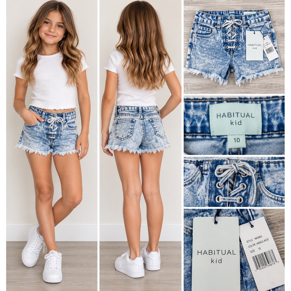 Habitual Kid Girls Size 10 Acid Wash Lace Up High Waist Denim Shorts NWT